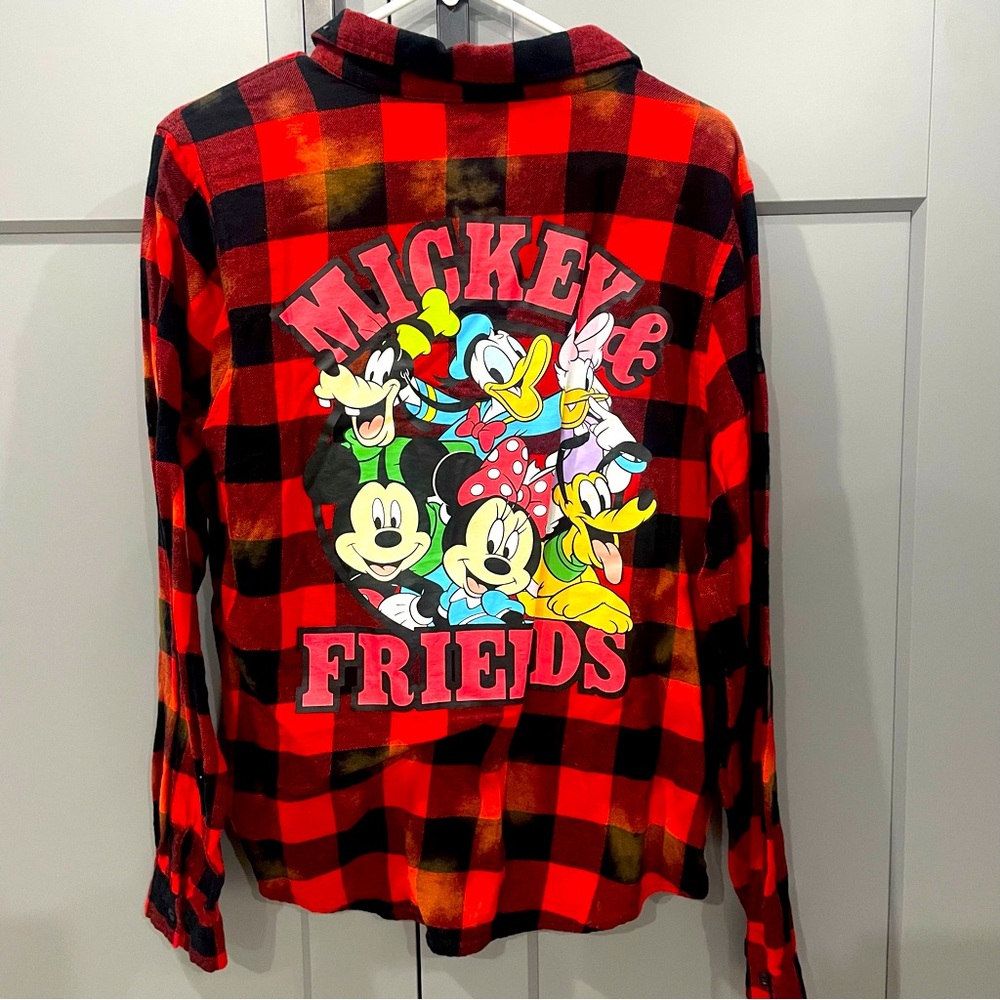 NWOT Mickey and Friends Disney Red Plaid Bleach Dye Shirt